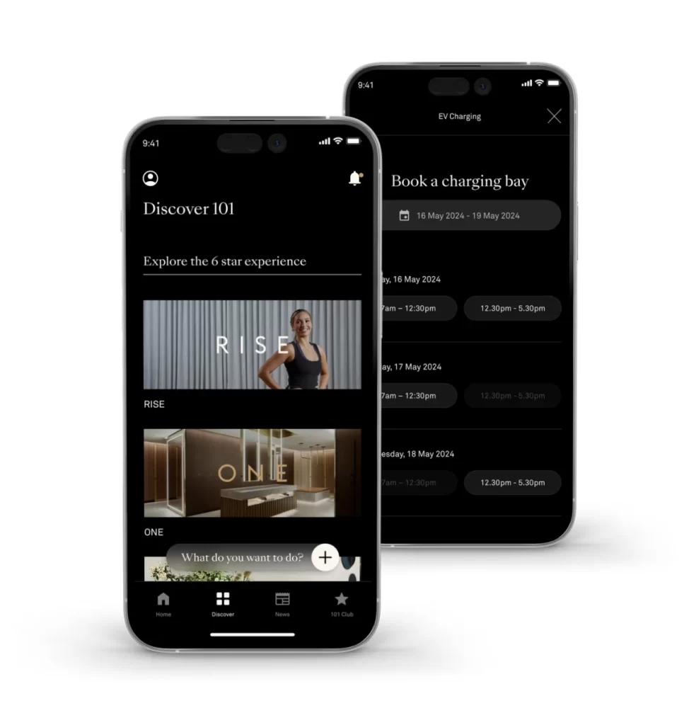 React Native mobile app built for 101 Collins in Melbourne, showing booking and tenant engagement features